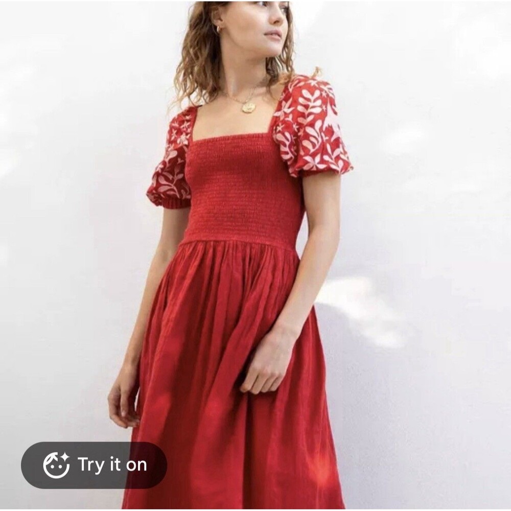 MERSEA Voyageur Anthropologie Size XS 100% Linen Dress Embroidered Red
